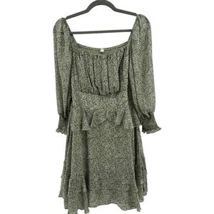 Exlura Womens Green Floral Smocked  Milk Maid Cottagecore Tiered Dress L Boho‎